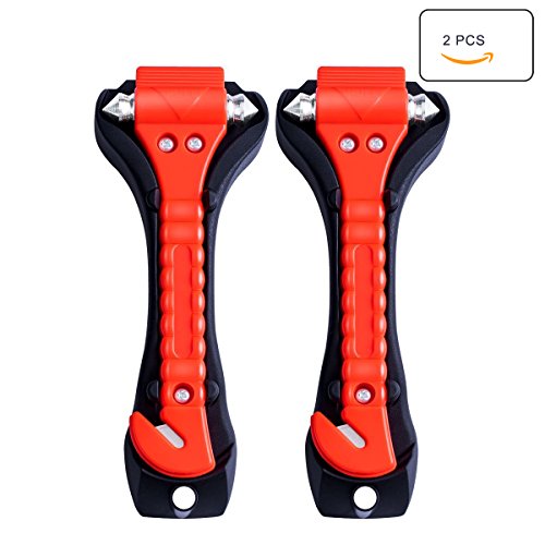 FOLCONROAD - Martillo de seguridad para coche, 2 piezas, acero de alto carbono, con cortador antideslizante para cinturón de seguridad, cristal de emergencia/ventana, interruptor automático de rescate