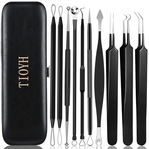 Professional Pimple Popper Tool Kit 10 PCS Blackhead Remover Tweezers Extractor Acne Removal Kit for Easy Removal for Pimples Comedone Extractor Tools for Removing Zit Acne Removal Kit (Black)