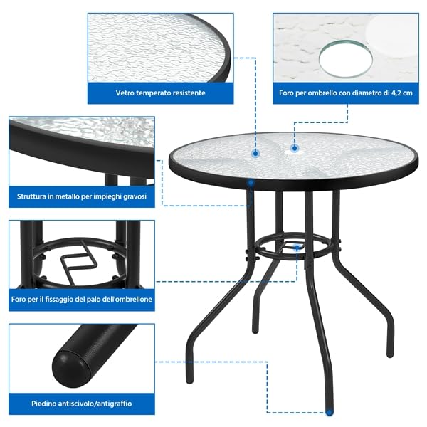 Yaheetech Tavolo da Giardino Rotondo in Vetro Diametro 70 cm con Foro Ombrellone Altezza 73 cm Nero