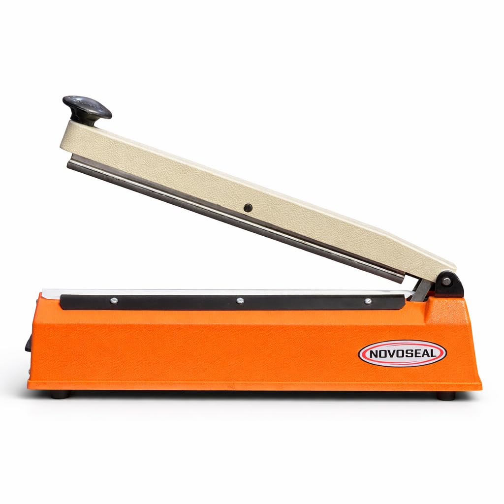 PowerPress 12” Bag Heat Sealer – Heavy-Duty Fast Manual Sealing Machine for Poly, Mylar & Plastic Bags | Low Electricity | For Bakery, Supermarket, Home and Restaurant Use (Orange)