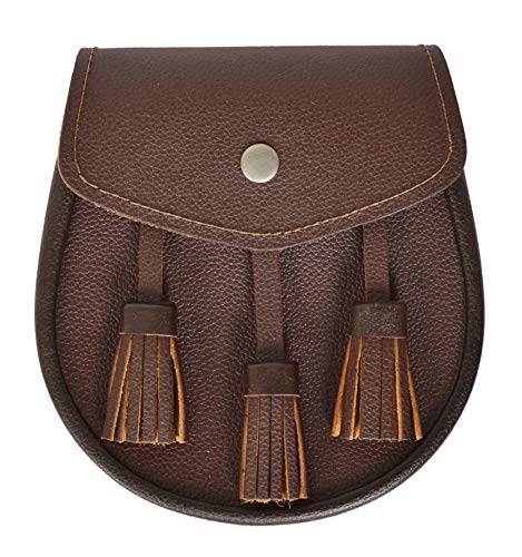 Image of Scottish Original Leather Sporran with Leather Belt & Chain (Plain Brown with Three Matching Tassels)
