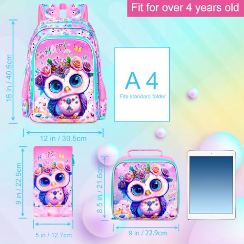 Image of 16 inch Backpack for Girls, 3Pcs Kids Bookbag with Lunch Box,Owl School Backpacks for Elementary Preschool Kindergarten (Pink)