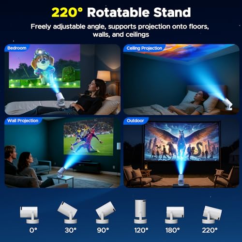 Image of Mini Projector with WiFi and Bluetooth, Built-in Rechargeable Battery Support 4K Auto Keystone 220 Rotation, Outdoor Movie Smart Projector for Bedroom /Home Cinema Compatible w Phone /TV Stick /HDMI /USB