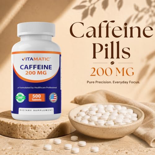 Image of Vitamatic Caffeine Pills 200 mg per Serving, 500 Vegetarian Tablets