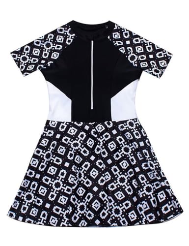 Image of Teen Girls One Piece Short Sleeve Skirted Bathing Suit Rash Guard Swimdress | Modest Sporty Zipper Front Swimsuit for Teenagers