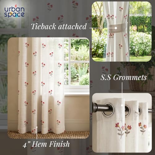 Image of Urban Space Cotton Sheer Curtain Pack of 1, Embroidered Semi Transparent Window Curtains 5 feet for Living Room, Bedroom & Balcony, 1 Pc Curtain with Eyelets and Tieback (Neerja Dark Pink - 5 feet)