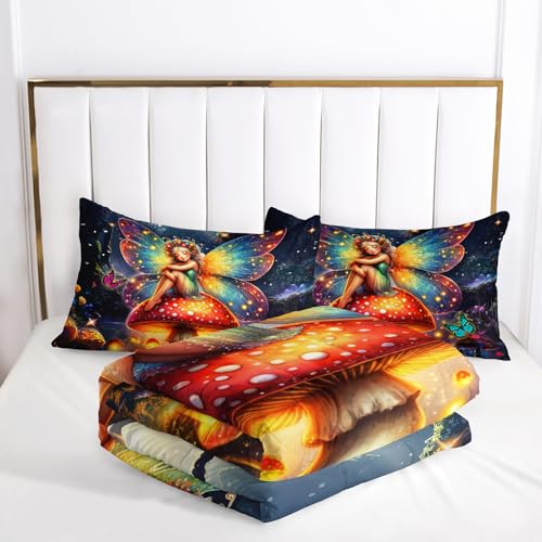 Image of AILONEN Beautiful Fairy Comforter Set Full Size, Butterfly Mushroom Fairy Bedding Set for Kids,Girls,Forest Spirit Duvet Set,3-Pieces, 1 Quilt and 2 Pillowcases,All Season,Soft