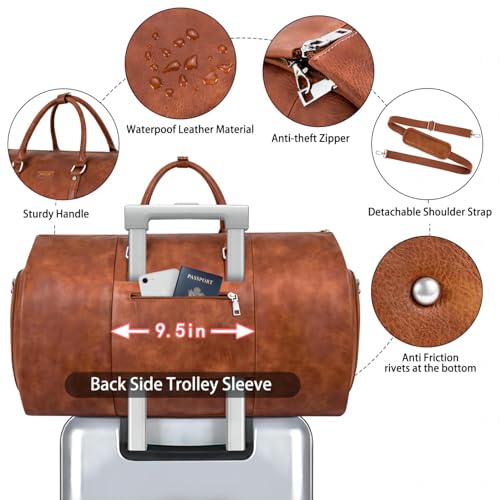 Itiezy IZ03-ZONGSE Garment Bag For Travel, Convertible Carry On Garment Duffel Bag For Men 3Pcs, Faux Leather Waterproof Large Weekender Bag thumb #6