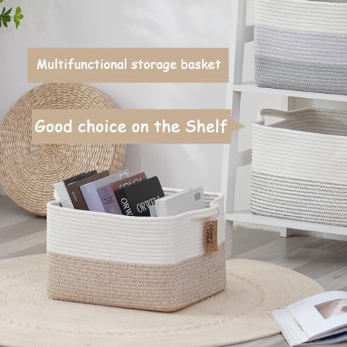 COMFY-HOMI Cotton Rope Woven Basket with Handles for Shelves,Toys,Book, Cloth Storage Baskets for Organizing-13.5" x 11" x 9.5" Toy Decorative Organizer for Living Room, Bathroom (White/Brown) - Image 3