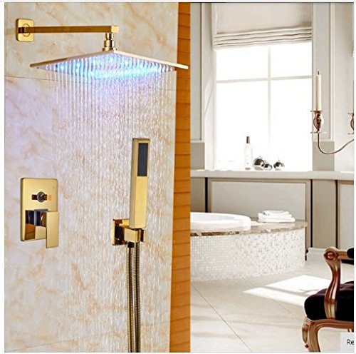 Ensemble de douche de bain mitigeur laiton or pommeau LED 40,6 cm installation murale