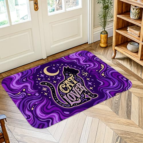 Tapis de sol pour chat - Contemporain - Lune et étoiles - Violet - Antidérapant - Ne perd pas ses poils - Pour salle de bain, buanderie, cuisine, entrée -...