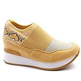  Angkorly - Zapatillas Moda Zapatilla - Sneakers de cuña Sporty Chic Suela Grande Zapatilla - Sneakers de cuña Mujer Efecto Piel de Serpiente pitón Brillantes Plataforma 4 CM - Amarillez HQ218 T 41