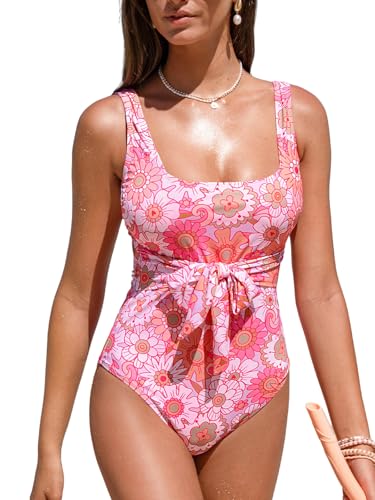CUPSHE Women's One Piece Swimsuit Square Neck Bathing Suit Knotted Wide Straps Back Hook Swimwear