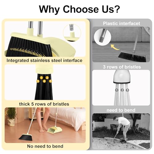 Image of BSKLIN Broom and Dustpan Set for Home, 52 inch Long Handle Broom Set with Dustpan Teeth to Clean Hair Sweeping Indoor and Outdoor (Yellow)