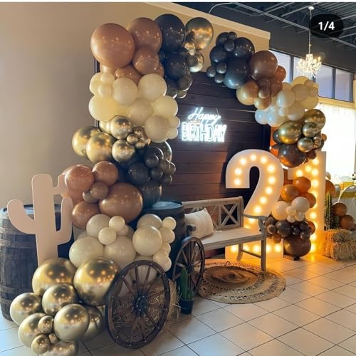 Image of Brown Black Gold Balloons, 12 Inch Neutral Brown Tan Nude Black Beige Ivory Latex Balloons with Metallic Gold Balloon for Graduation Cowboy Western First Rodeo Wild West Country Farm Boho Baby Shower