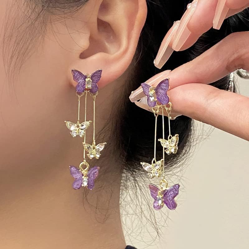 Purple Butterfly Earrings - Crystal Tassel Style Zircon Butterfly Jewelry - Image 2