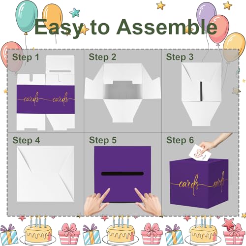 Image of 2 Pack Purple Card Box with Gold Foil Design, Paperboard 8.7 inch Card Box for Birthday Wedding Party Graduation Retirement Anniversary Valentine's Day & Baby Showers, Raffle or Money Box