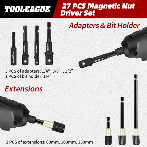 Image of TOOLEAGUE 27Pcs Magnetic Nut Driver Set, 1 /4 inch Hex Shank Metric and SAE