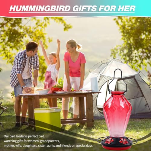 Image of 2 Pack Glass Hummingbird Feeder for Outdoors Hanging, 25Oz Humming Bird Nectar Feeder, Perch, 5 Flower Feeding Ports, Leak Proof Base, Hook for Outside Garden Backyard, Gift for Women, Diamond Red