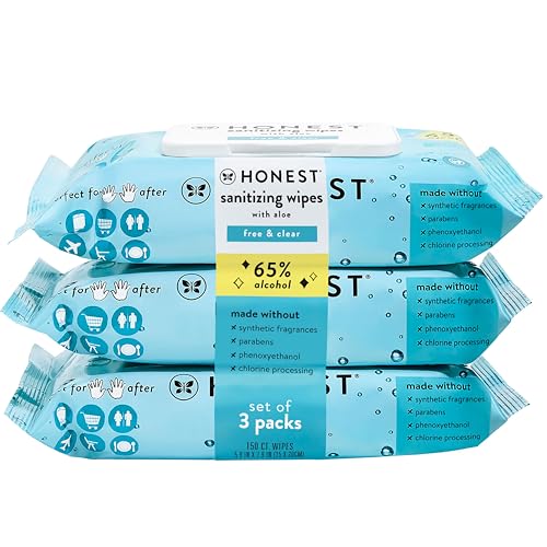 Image of The Honest Company Sanitizing Alcohol Wipes | Kills 99% of Germs, Made With Aloe | Unscented, 150 Count (3 Packs of 50)