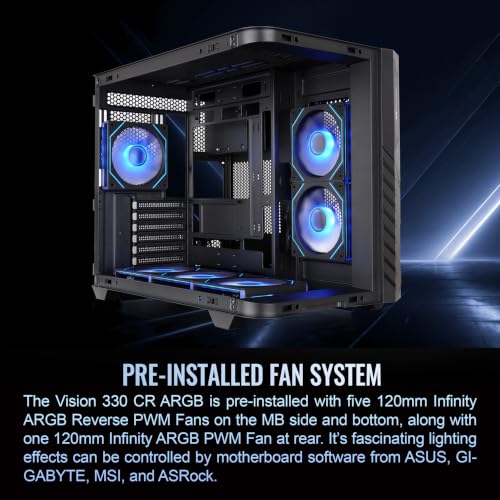 Image of Thermaltake Vision 330 CR ARGB; Mid Tower; Curved Hinged TG panel; 6x120mm Infinity ARGB PWM Fans Included; 360mm Radiator Support; 420mm GPU Clearance; Hidden Connector Support;Black;CA-11V-00M1WN-00