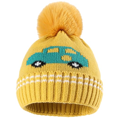 Gatuida Cartoon Car Baby Knit Hat with Plush Ball Winter Warm Hat for Boys and Girls Soft and Cozy Toddler Beanie for Infants and Newborns for Cold Weather Yellow