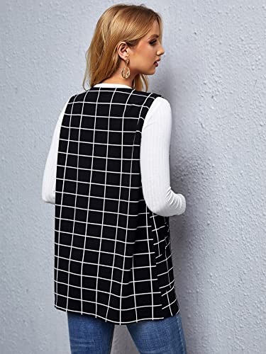 Wdirara Women's Plaid Open Front Pockets Vest Sleeveless Outerwear Coat Black M #TOP1