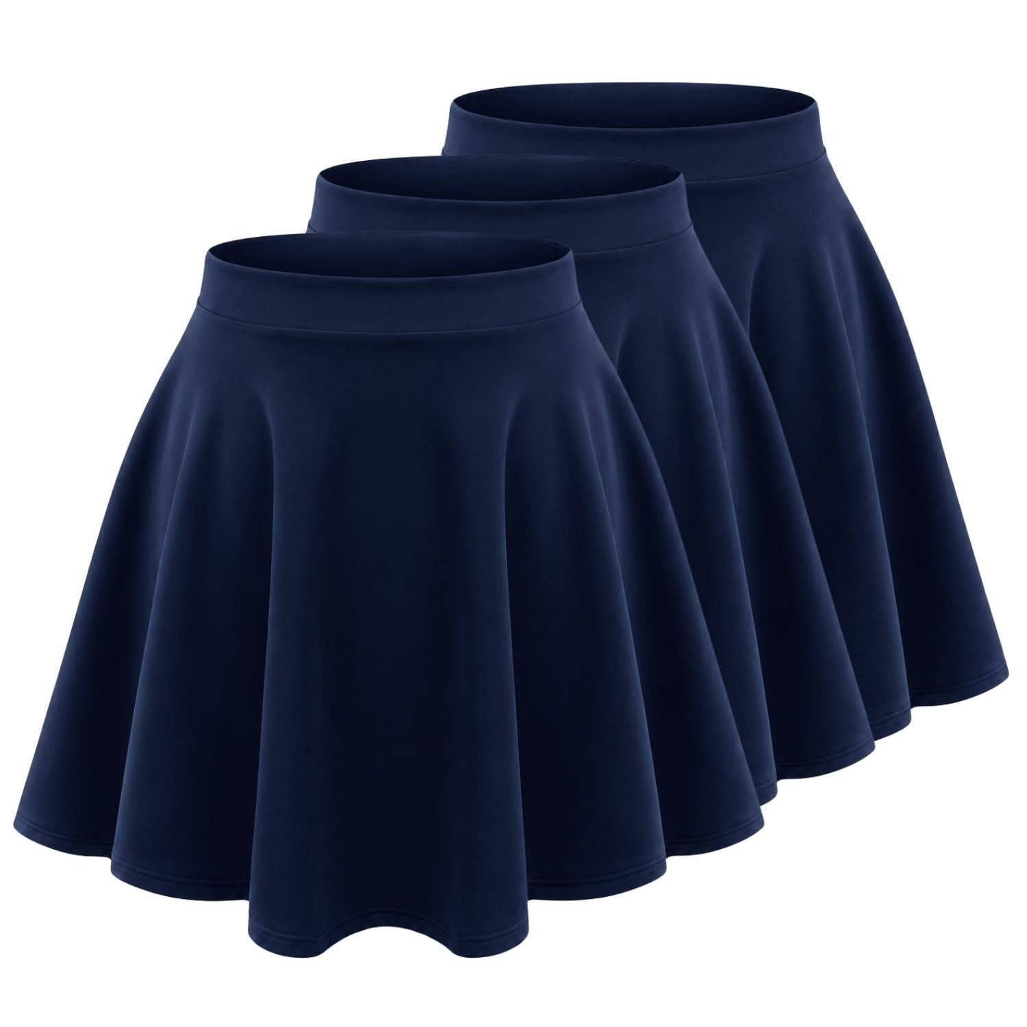 Lot de 3 jupes patineuses pour filles, taille haute, longueur genou, mini jupe évasée noire pour danse ballet, jupes décontractées unies pour uniforme scolaire et fête, bleu marine, 11-12