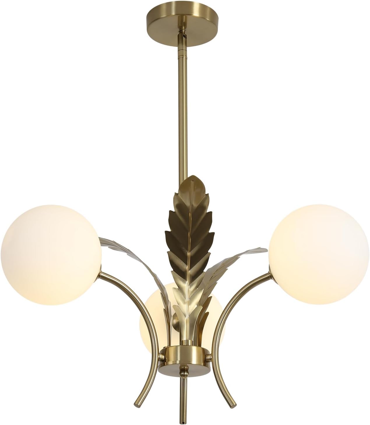 KCO Lighting Gold Vintage Chandelier with 3 White Globe, Semi Flush Mount Ceiling Lights Mid Century Modern Sputnik Chandelier for Dining Room Entryway Farmhouse Kitchen