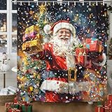 Christmas Santa Claus Shower Curtain, Winter Holiday Christmas Themed Fabric Bathroom Shower Curtain Set, Cute Retro Santa Claus Merry Christmas Waterproof Bathroom Curtain Decor Set with 12 Hooks