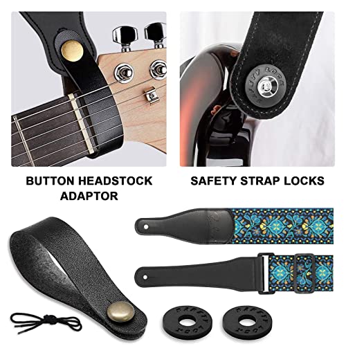 Guitar Strap, Jacquard Embroidered Cotton Straps With Genuine Leather Ends Shoulder Strap For Bass, Acoustic, Electric Guitar (Retro Teal) #TOP3