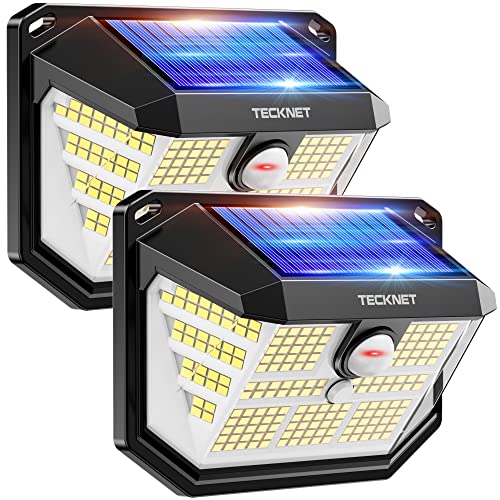 TECKNET Luz Solar Exterior, 231 LED/300° Iluminación (Área de 35㎡) Brillo Alto Luces Solares con Sensor de Movimiento, 3 Modes IP65 Impermeable Focos Led Solares para Jardín, Garaje, Patio, 2 Paquete