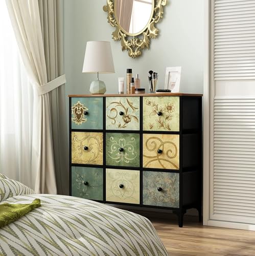 Image of HOME ELEMENTS Fabric Chest of Floral Printed 9 Drawers for Bedroom, Clothing Storage Organizer Unit Dresser Chest of Drawers Storage Organizer for Living Room Closet Hallway - 100x29.8x89cm