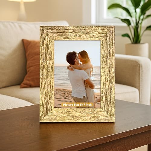 Image of Art Street Table and Wall Photo Frame Textured Picture Frames Picture Frame, Gold Metal Look for 5x7 Photos Tabletop Photos for Home Decor, Wood Photo Frames for Wall and Table Decoration 13x18 cm