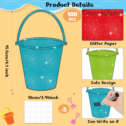 Image of Summer Bucket Glitter Cutouts - 100Pcs Colorful Beach Sand Bucket List Paper Cut-Outs with Glue Points Tropical Buckets Cutout Bulletin Board for DIY Crafts Sweet Summer Back to School Classroom Decor