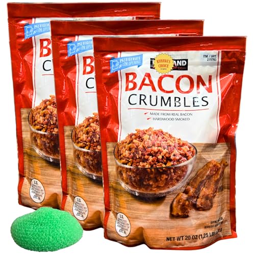 Bacon Crumbles, Hardwood Smoked, Real Bacon, 20 oz Bags, Pack of 3 with Bonus Dish Scrubber by RH940