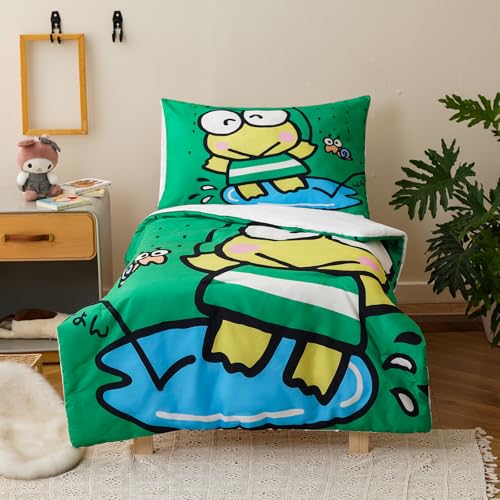 Image of Wellboo Cartoon Frog and Snail Toddler Bedding Sets for Girls Boys Bright Green and Blue 4 Pieces Soft Crib Bed Set Including Comforter, Sheets and Pillowcase Kids Soft Cute Animals Blue Quilt Warm