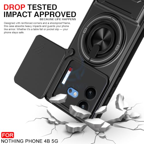 Image of AESTMO Nothing Phone 4B 5G Back Cover | Armor Camera Slider 360 Degree Rotating Finger Ring Holder Case with Bracket Stand Back Case Cover (Compatible with MagSafe Accessories) (Black)