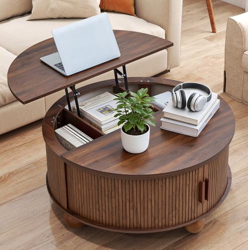 Image of Round Lift Top Coffee Table with Storage, Fluted Circle Coffee Table,Walnut | 33.5 inch Mid Century Modern Lift Top Coffee Table with Sliding Door & Solid Wood Legs, Circle Round Center Table for Living Room