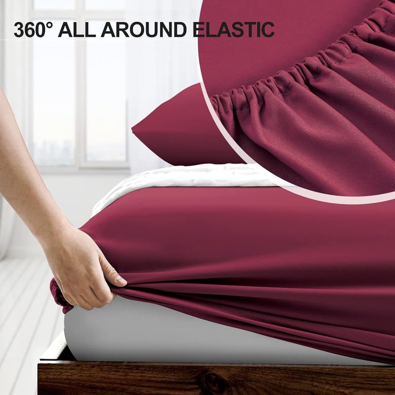 Image of Amazon Brand - Umi Cotton Feel Glace Cotton Fade Resistant Elastic Fitted Queen Size Bed Bedsheet with 2 Pillow Covers Fits Upto 8 inches Mattress, Size- 60x78x10 Inches, Maroon