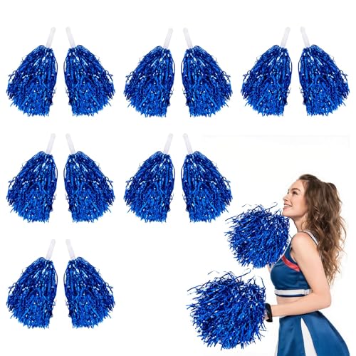 RAINFLOW Cheerleading Pom Poms - 12 Pack Metallic Blue Pompoms with Handle