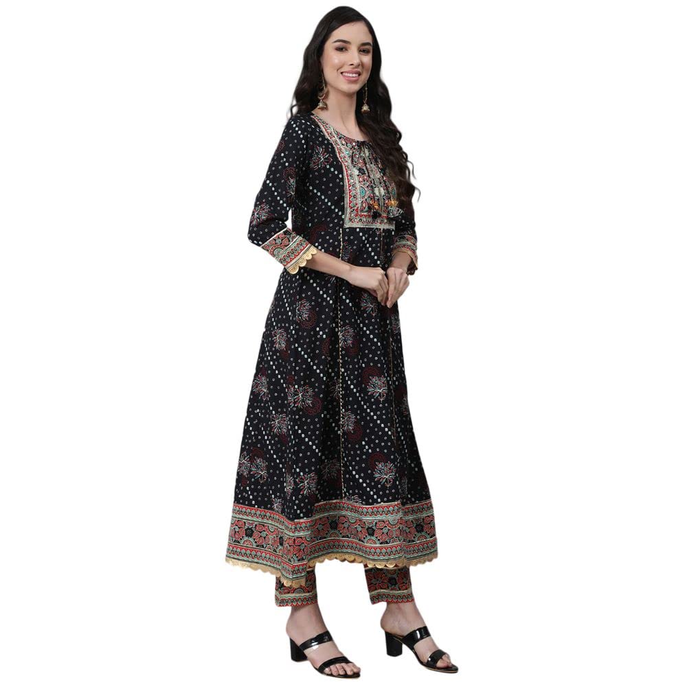 Anubhutee Women's Cotton Black Gota Patti Ethnic Motifs Printed Anarkali Kurta Suit Set With Palazzo And Dupatta