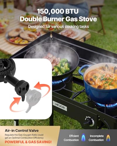 Image of VEVOR 2 Burner Outdoor Propane Gas Stove, 150,000 BTU Propane LPG Gas Camping Stove, Heavy Duty Carbon Steel Outdoor Cooker, with Shield & Tall Stand & PSI Regulator, for BBQ Camp Home Patio Backyard
