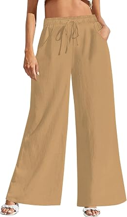 Fancysters Women Wide Leg Linen Pants, High Waisted Summer Casual Cotton Linen Palazzo Pants with Pockets