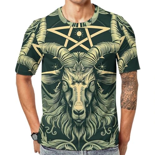 Goat Head and Pentagram Symbol Unisex Adult T-Shirts Summer Short Sleeve Tee Casual Tops Funny Graphic 2XL