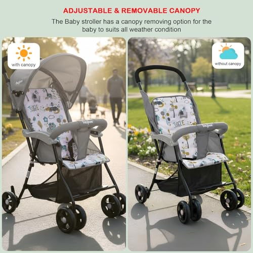 Image of Baybee Stroller Baby for Boy & Girl 0 to 3 Years | Foldable Strollers with Canopy, Parent Handle, 2-Position Adjustable Seat, 2-Point Safety Belt | Travel Pram for Kids (Grey)