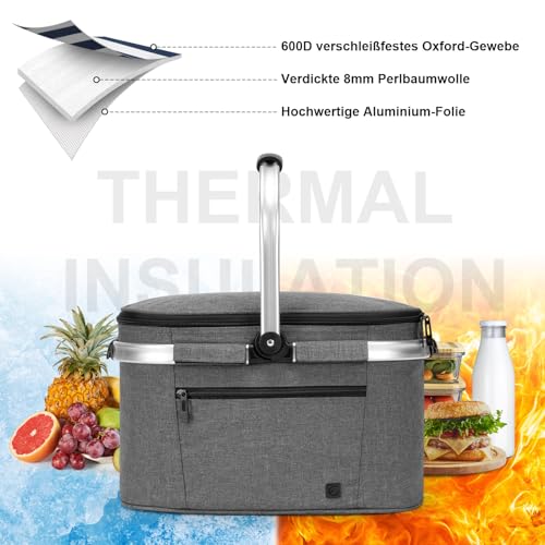ALLCAMP Faltbar Isoliert Kühltasche - Einkaufskorb Thermo Mit Deckel, Abnehmbarer Picknickkorb 2 Personen, Aluminiumrahmen Kühlkorb, Verdicken Thermokorb