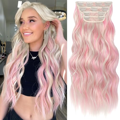 Image of KooKaStyle Clip in Synthetic Hair Extensions Long Wavy 4PCS Thick Hairpieces Blonde with Pink Highlight Fiber Double Weft Natural Hair Extensions 20 Inch for Women