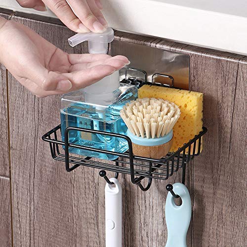 Image of Wall Mounted Soap Dish with Hooks, Self Adhesive Soap Holder for Bathroom & Kitchen, Rustproof Metal Soap Rack with Drain Design, No Drill Soap Tray Organizer for Shower, Black