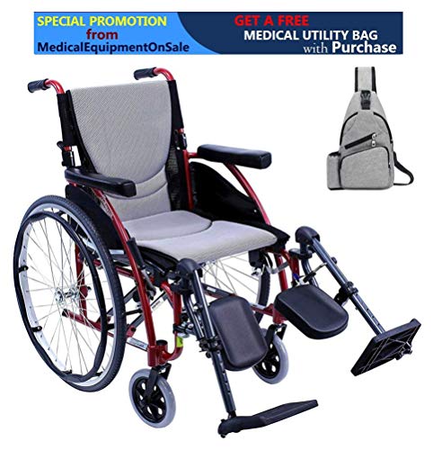 Karman S-Ergo 115 Ultra Lightweight Ergonomic Wheelchair | Seat Size 18" X 17" | Upgraded To Elevating Legrests | Fixed Wheels In Red & Free Medical Utility Bag Grey! #TOP1